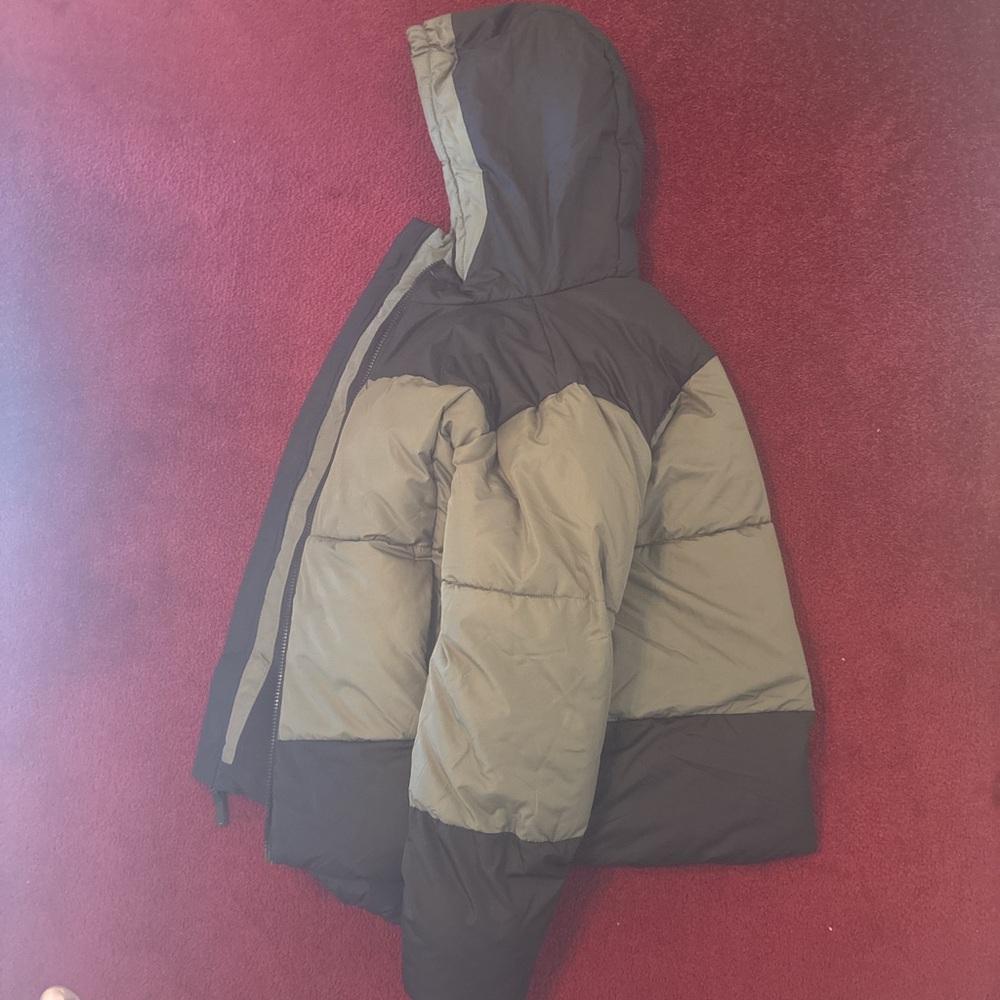 Kids Two-Tone Olive & Dark Brown Puffer Jacket with Hood